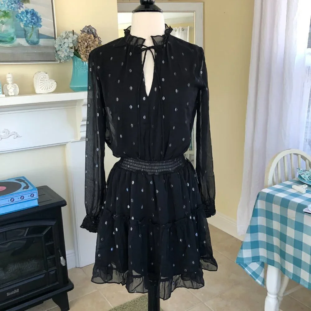 NSR Emma Black Semi Sheer Tiered Ruffle Whimsygoth Ruched Mini Dress Small - Picture 3 of 11